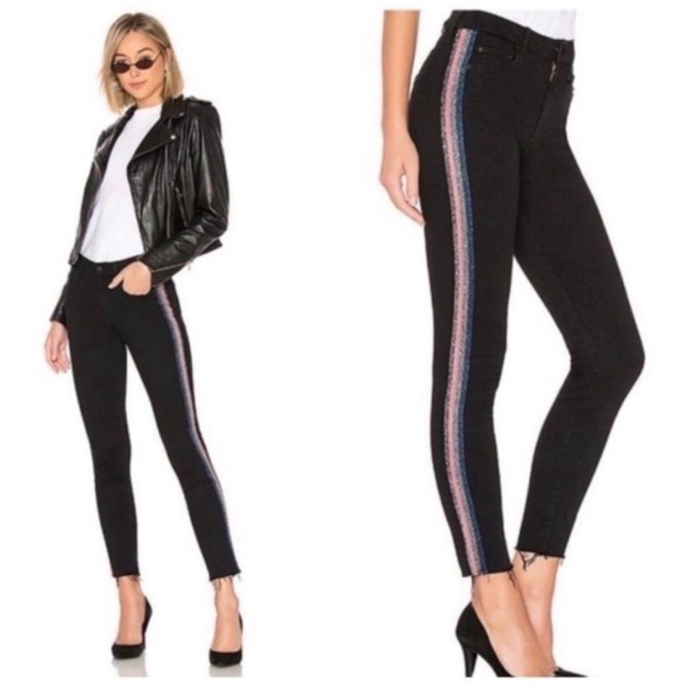 MOTHER | High Waisted Looker Ankle Fray Black Jeans Side Stripe Women’s Size 31